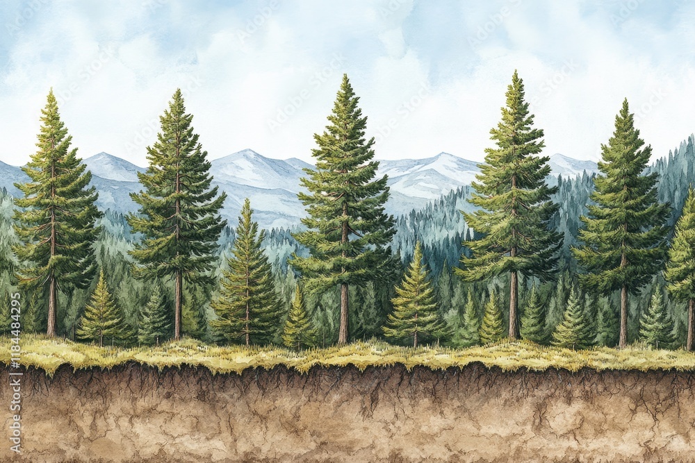 Aufkleber Illustration of a Forest Regrowing After Clear Cutting with Pine Trees and Mountains in the Background Under a Softly Clouded Sky