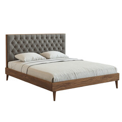Modern bed with tufted headboard, white isolate background