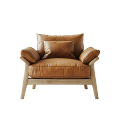 Modern brown armchair with cushions, white background