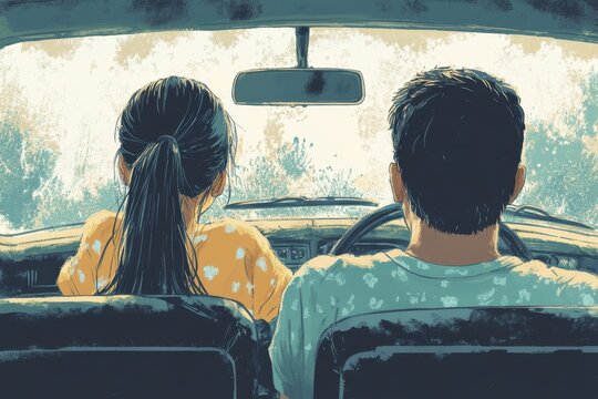 Illustration of a father teaching his teenage daughter valuable life lessons while sitting in a car together during an insightful journey of growth and connection