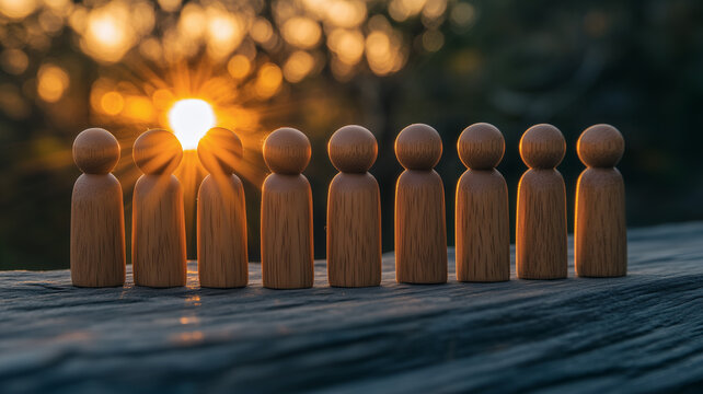 Towards the Light: A line of wooden figures stand in silhouette against a stunning sunset, symbolizing collective growth and the pursuit of shared aspirations.
