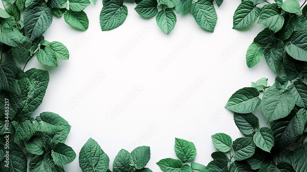 Poster fresh green leaves arranged in a circular pattern on a clean background