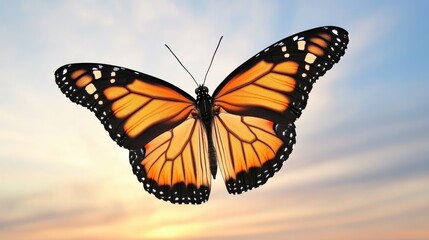 Fototapeta premium Ethereal Butterfly Flying Through a Radiant Sky at Dusk with Beautiful Orange and Black Wings