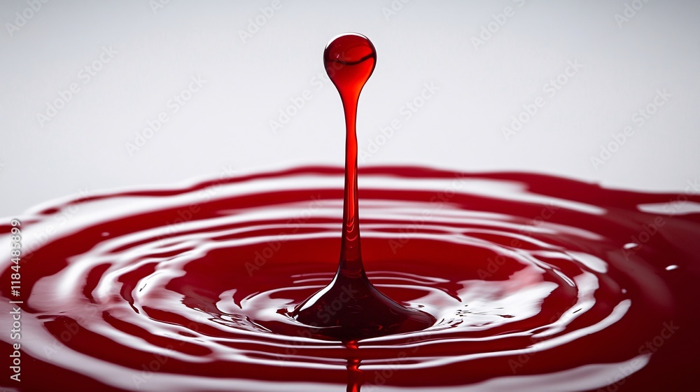 Poster red liquid drop creates ripples in a still surface in a high-speed capture