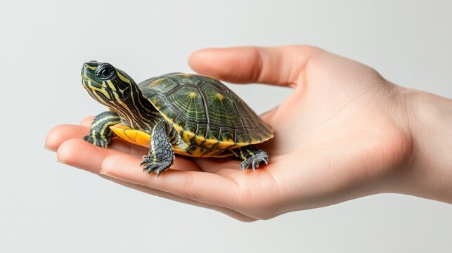 A hand gently holds a small turtle, showcasing its vibrant shell and delicate features.