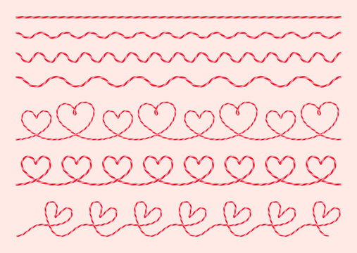 Set of hand drawn twisted cotton rope cord ribbon, candy stripe in the shape of heart. Elements for seamless pattern for Valentine's day. Packing string, white red rope bakers twine. Flat vector EPS10