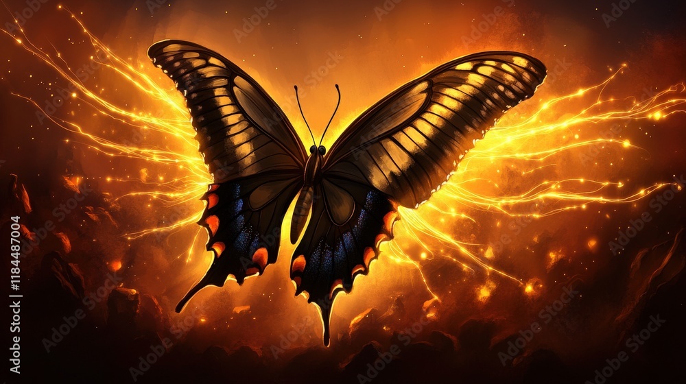 Poster surreal depiction of a butterfly with wings made of glowing light and vibrant colors in dynamic back