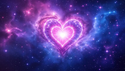 Glowing heart shape in cosmic starry nebula space