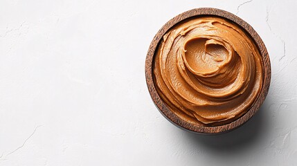 Creamy peanut butter in a wooden bowl on a light background