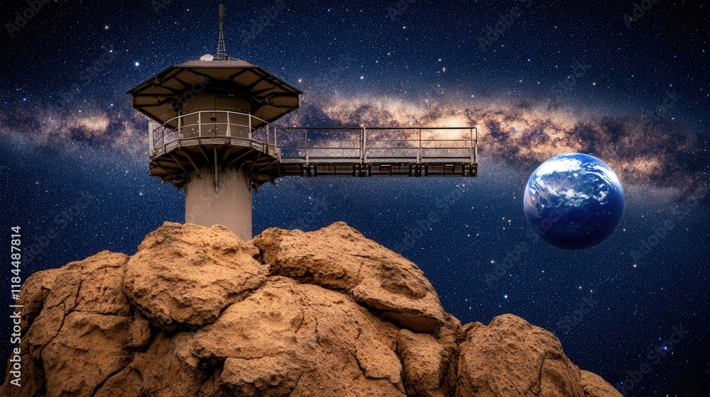 Poster stunning view of earth from the moon with galaxy backdrop and observatory in the foreground