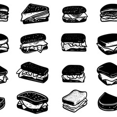 Collection of Reuben Sandwich continuous icon pattern, Reuben Sandwich vectorized artwork