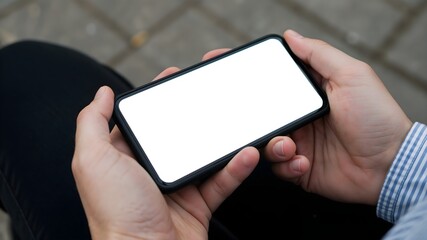 Blank white screen smartphone held in Woman both hands, sitting outdoors on a blurred background, perfect for showcasing app mockups, design previews or advertising campaigns