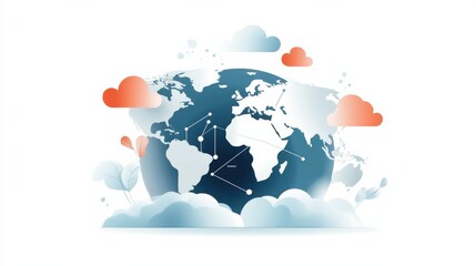 Naklejka premium Global Interconnected World Map with Clouds Showcasing International Business Technology and Travel Concepts