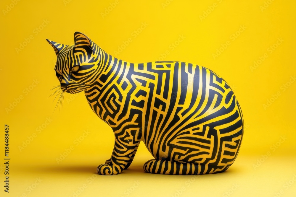 Aufkleber artistic representation of a cat with intricate maze patterns on a vibrant yellow background