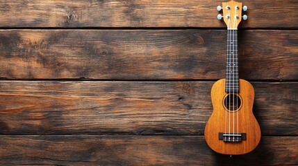 Obraz premium Ukulele resting on rustic wooden surface showcases traditional craftsmanship and design