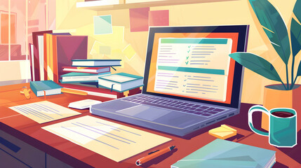 Fototapeta premium Laptop, books, coffee, papers on office desk.