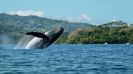 Obraz premium A whale is jumping out of the water. generated using AI