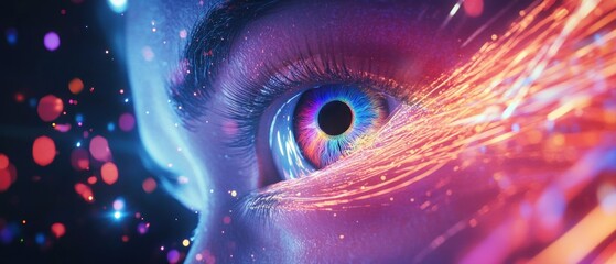 Human multicolored iris of the eye animation concept. Rainbow lines after a flash scatter out of a bright white circle and forming volumetric a human eye iris and pupil