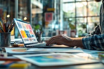 Creative professional typing on laptop displaying graphic design work
