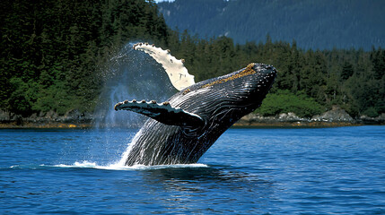 Obraz premium A whale is jumping out of the water. generated using AI