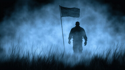 Soldier Silhouette in Fog: A lone soldier stands tall, silhouetted against a misty battlefield, a flag planted firmly beside him. The image evokes themes of resilience, determination.