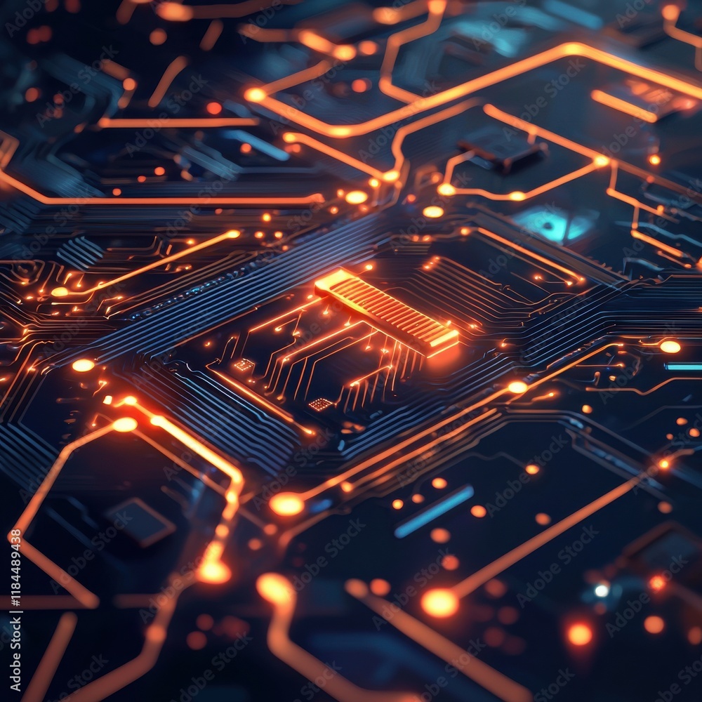 Poster glowing futuristic circuit board intricate neon pattern high tech digital art abstract background