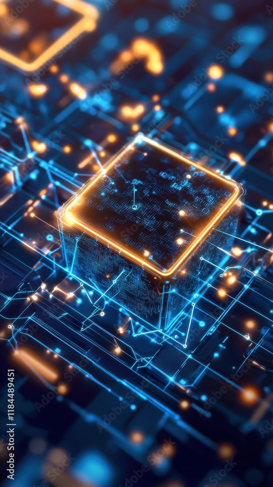 Poster luminous cube in a dynamic digital landscape showcasing innovation and technological advancement