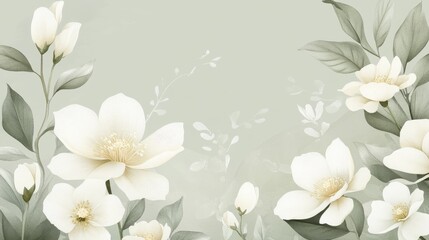 Vintage watercolor floral pattern with muted sage green and grey tones, featuring neutral white flowers 