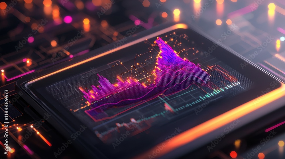 Poster futuristic digital data visualization on tablet device showcasing financial analytics and business i