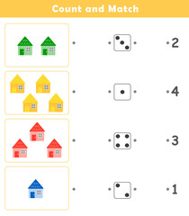 Count and Match Worksheet. Counting educational children game. Math kids activity sheet. How many counting game with cute house illustration.