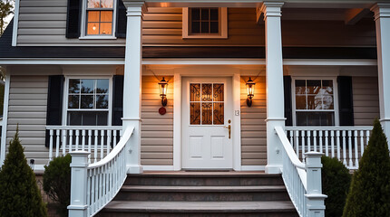Two-Story House Entrance with Porch and Exterior Lighting at Dusk