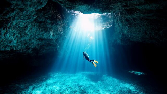A diver swimming through a crystal-clear underwater cave, the diving gear of the cave walls, beams of sunlight filtering through the water.