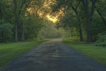 Sunrise Path, Misty Forest Road, Morning, Nature, Calm