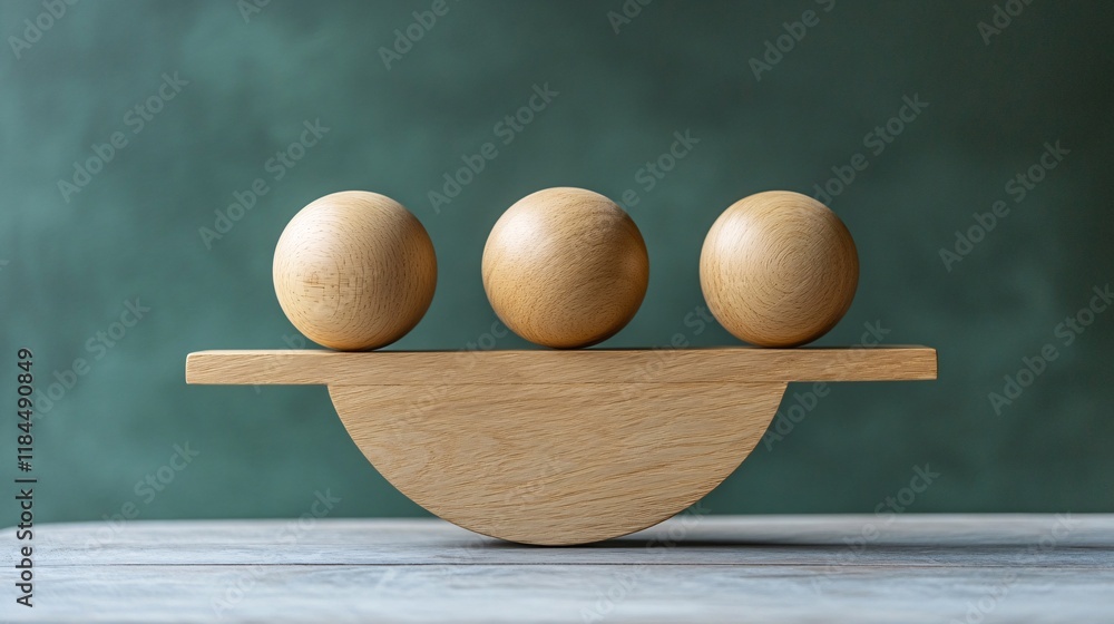Poster balancing wooden spheres on a simple wooden structure in a minimalistic setting