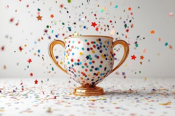3d rendered golden trophy cup with floating stars and colorful confetti explosion in whimsical cartoon style on clean white background