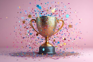 3d rendered golden trophy cup with floating stars and colorful confetti explosion in whimsical cartoon style on clean white background