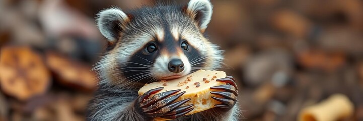 Cute raccoon holding a delicious bakery treat, showcasing its love for sweets and snacks, cute, adorable, temptation