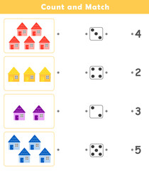 Count and Match Worksheet. Counting educational children game. Math kids activity sheet. How many counting game with cute house illustration.