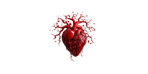 Anatomical human heart with arteries and veins isolated on transparent background