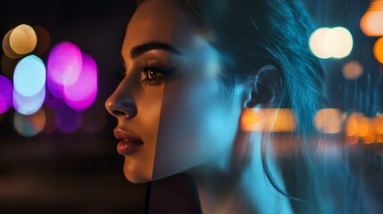 A woman with long hair and a dark eye brows is looking at the camera