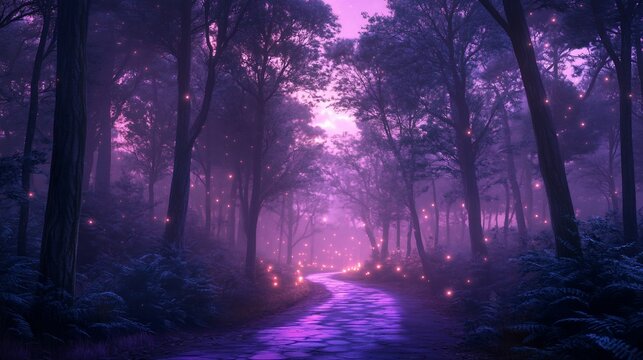 Magical purple forest path at twilight with glowing fireflies.