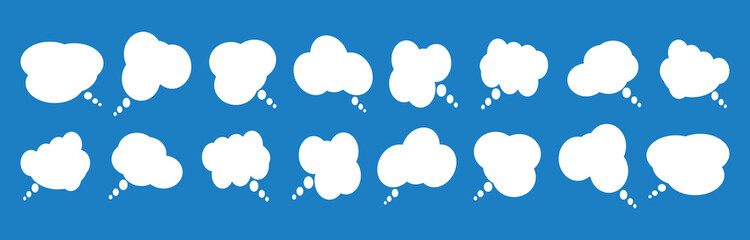 Set of speak bubble text, chatting box, message box outline cartoon vector illustration design. Speech bubble comic chatting box set. Talk and think vector comics bubbles silhouettes..	