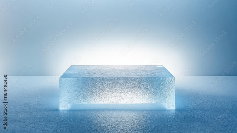 Poster transparent ice cube on minimalistic blue background with soft lighting effect