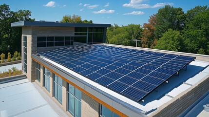 Modern Building Rooftop: Solar Panel Array in a Sunny Day Scene