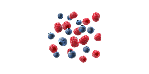 Mixed raspberries and blueberries floating isolated on transparent background
