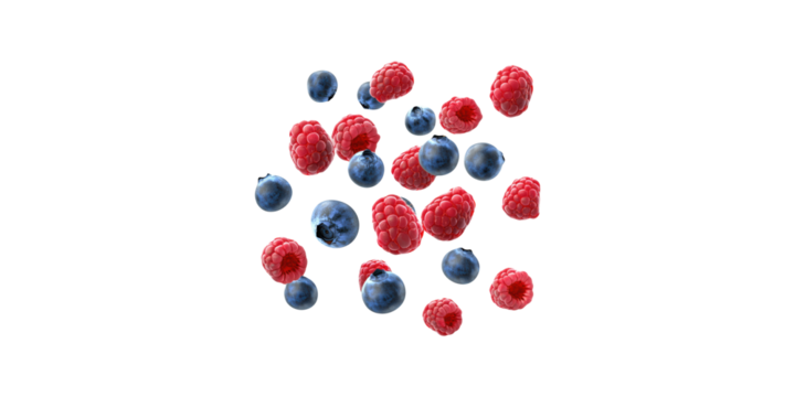 Mixed raspberries and blueberries floating isolated on transparent background
