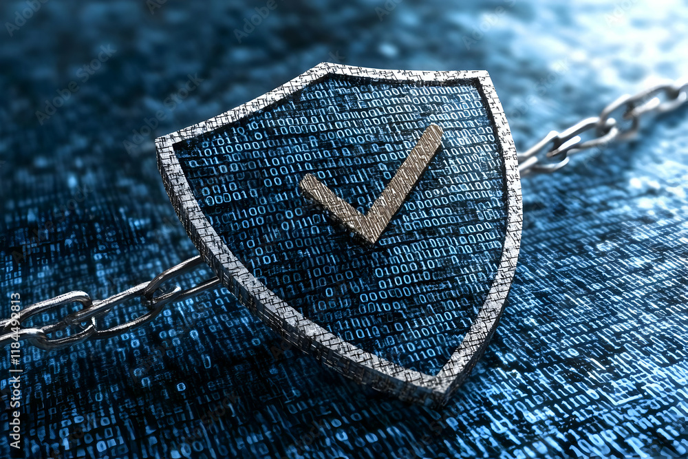 Poster secure data shield, digital protection, binary code background, cybersecurity concept, stock photo