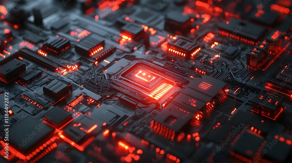 Poster red-lit cpu in complex circuit board, technology background; for tech articles or websites