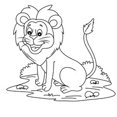 Cute cartoon hand drawn funny lion coloring page.