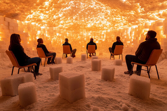Participants engage in meditation surrounded by glowing salt blocks in a serene, immersive environment during an evening session focused on relaxation and mindfulness